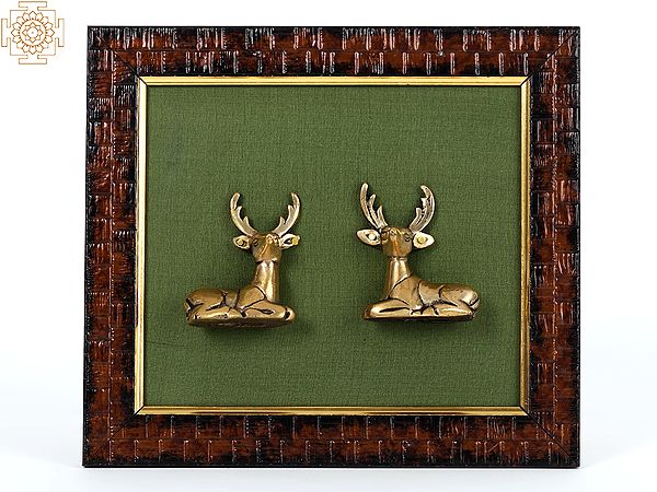 9" Wooden Framed Pair of Cute Deers in Brass | Wall Hanging