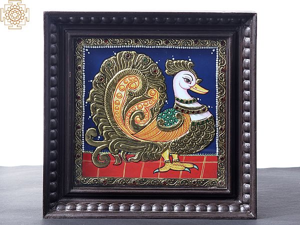 South Indian Peacock | Tanjore Painting | With Teakwood Frame