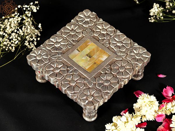 8" Designer Square Chowki/Pedestal | 92.5 Silver Cladding on Wood with MOP Inlay