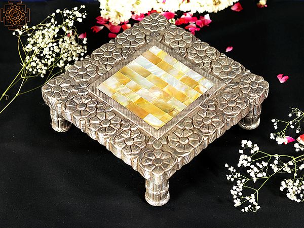 10" Square Shape Designer Pedestal (Chowki) | 92.5 Silver Cladding on Wood with MOP Inlay