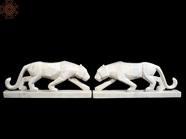 Pair of Panther Figurines | White Marble Statue
