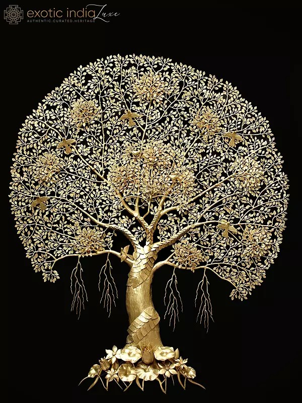 96" Super Large Wall Mounted Tree of Life with Perched Birds in Brass