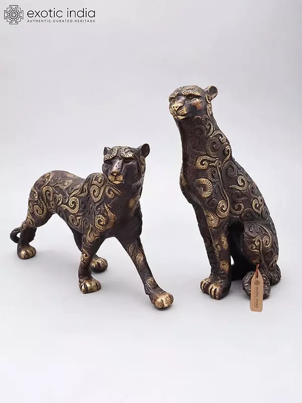 14" Brass Pair of Tigers - Majestic Animal Figurines