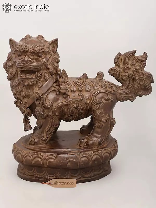 Large Brass Foo Dog Guardian Lion Sculpture - 24 Inch