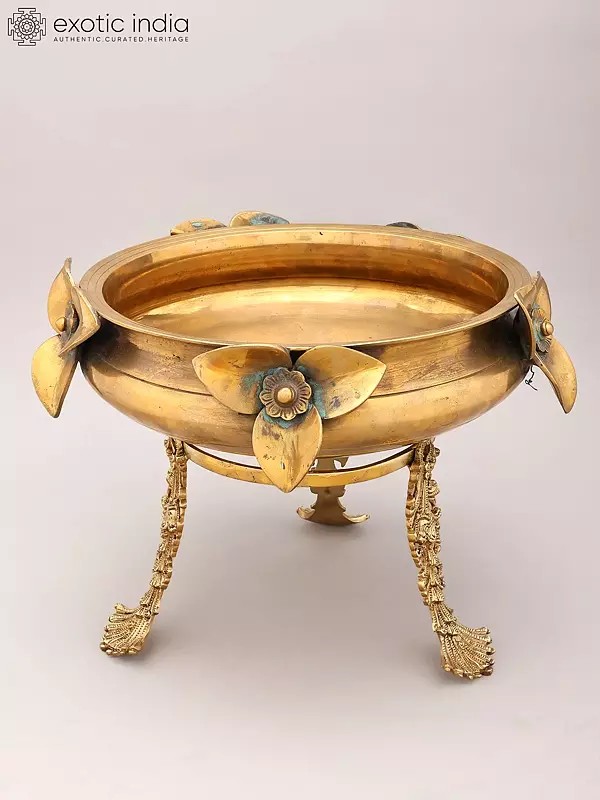 14" Brass Urli with Flower Design and Ornate Stand