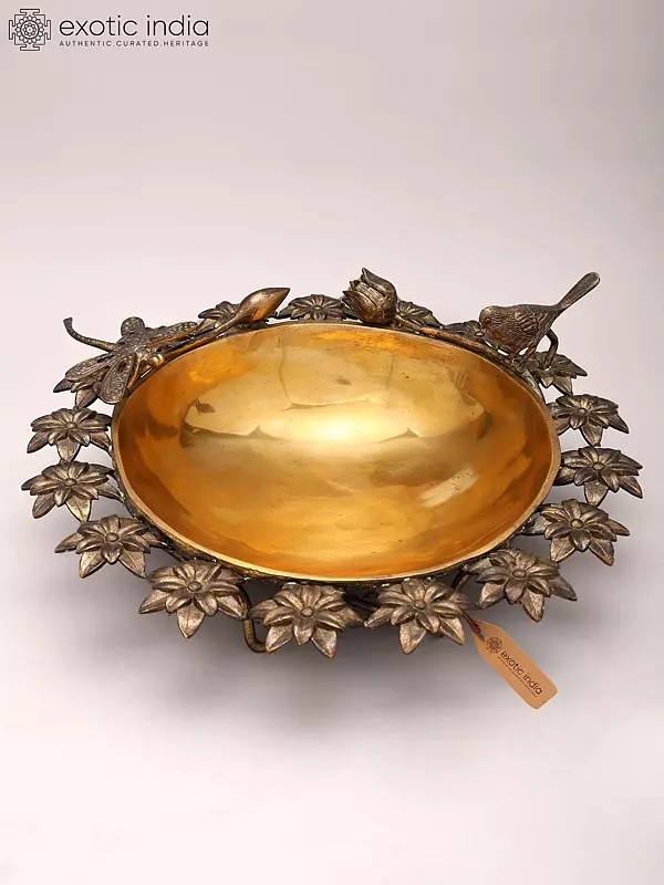 17" Brass Urli with Flower and Bird Design