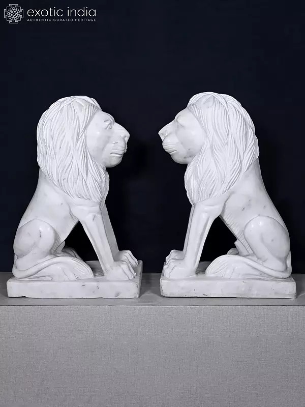 30" Pair Lion Statues - Marble Guardian Figures