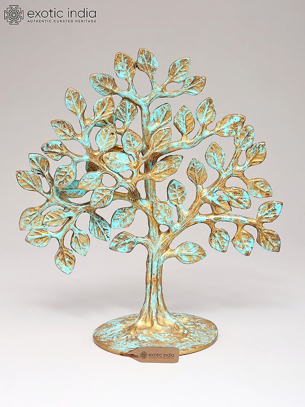 Handcrafted Brass Tree Sculpture with Turquoise Accents