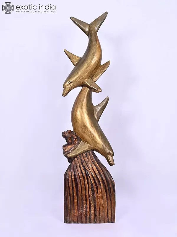 30" A Couple Wooden Dolphin Statue | Home Decor | Handmade Indian Art