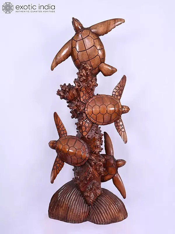 40" Wooden Turtles Statue | Home Decor | Handmade Indian Art
