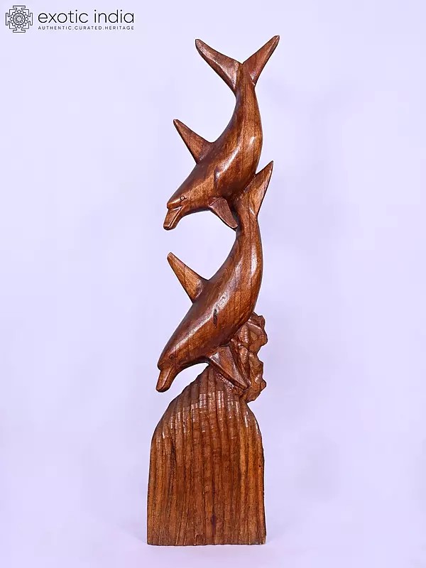 32" A Couple Dolphin Wooden Statue | Home Decor | Handmade Indian Art