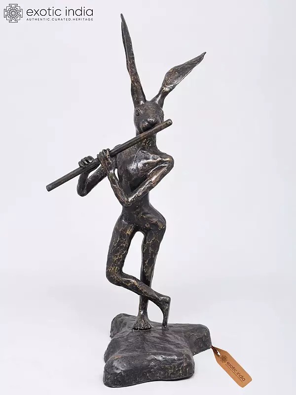 20" Rabbit Playing Flute Brass Statue