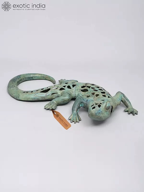 Openwork Brass Gecko Sculpture with Patina Finish
