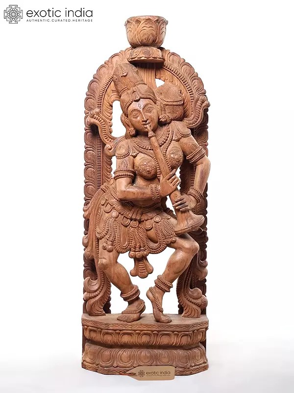 Wooden Temple Sculpture: Celestial Musician (Devangana) Playing Shehnai (42")