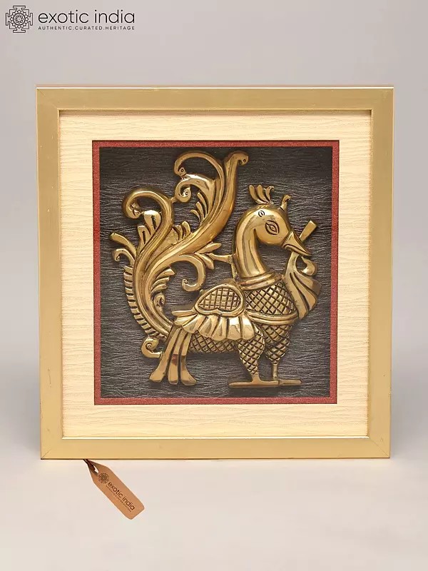 13" Brass Peacock Sculpture with Wood Frame Wall Hanging