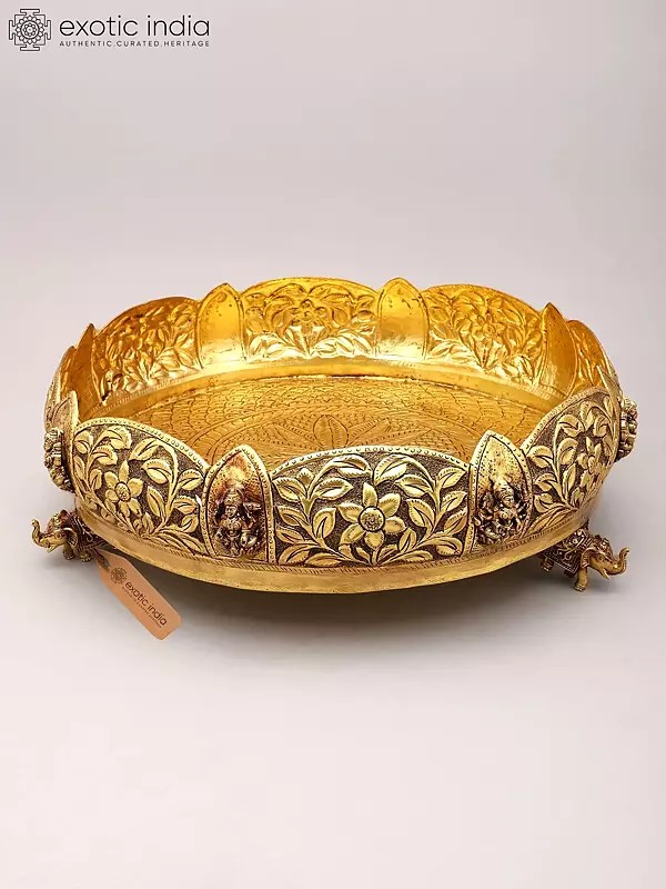 Decorative Brass Urli Bowl Featuring Ashtalakshmi and Floral Motifs with Elephant Feet