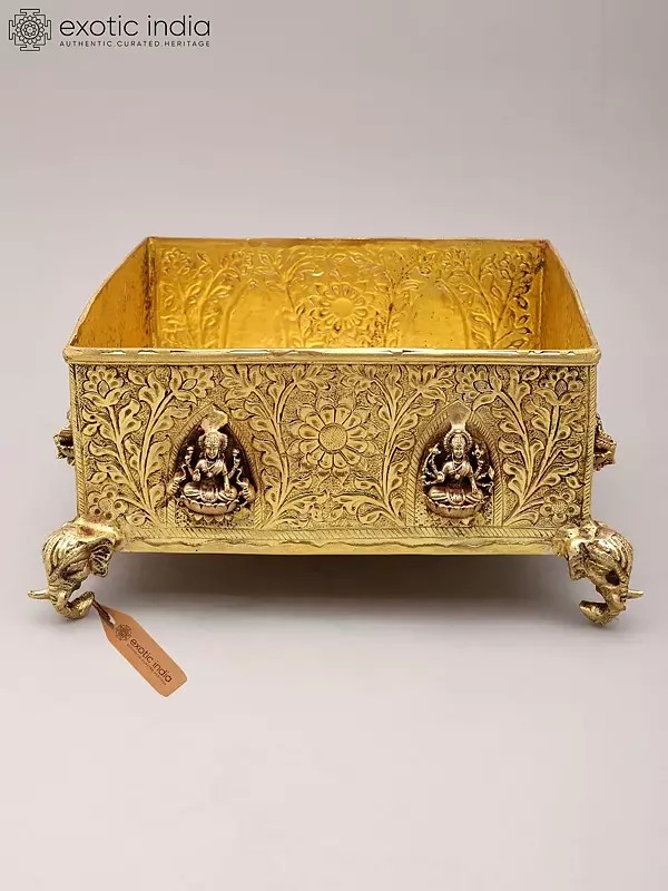 Square Brass Urli Bowl with Lakshmi Motif & Elephant Legs