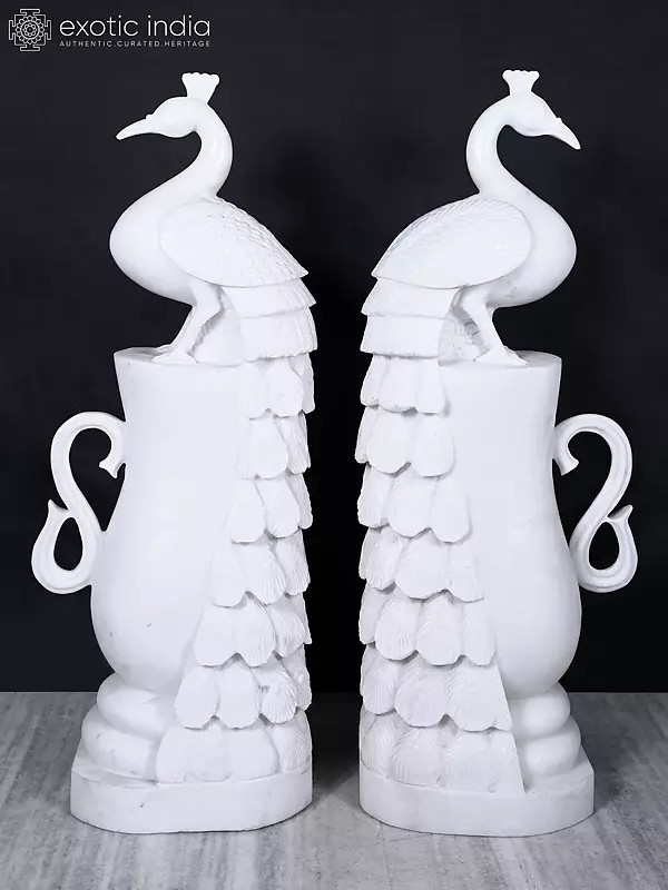 36" White Marble Peacock Pair Statue