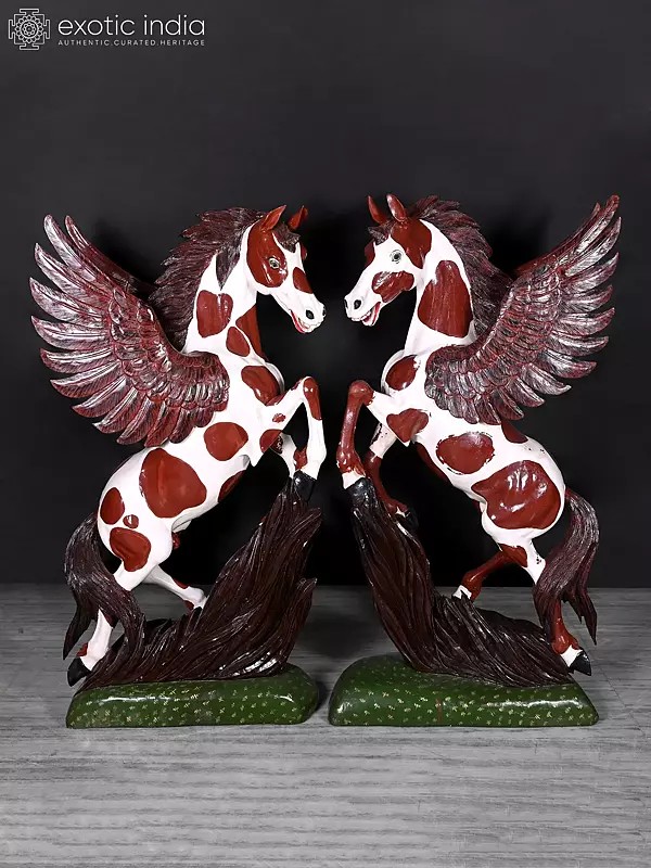 42" Pair Wooden Horse Statue | Home Decor | Handmade Indian Art