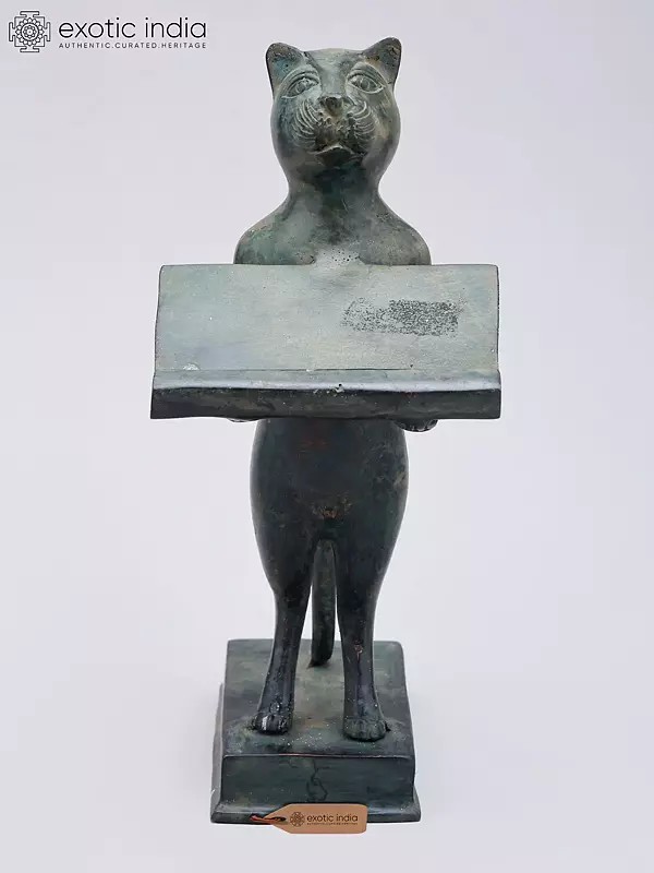 8" Cat Figurine with Offering Tray | Decorative Brass Statue | Table Piece