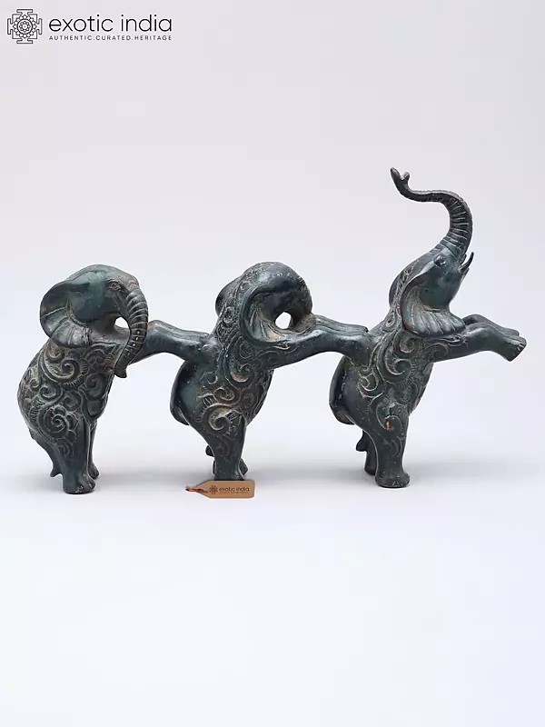 Brass Elephant Figurine Trio - 10 Inches Tall