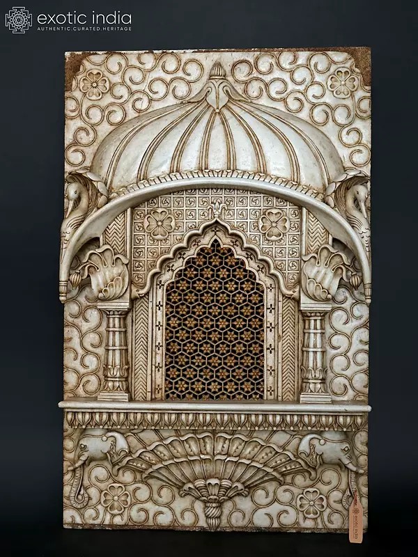 Large Carved Marble Jharokha Window Panel for Home Accent