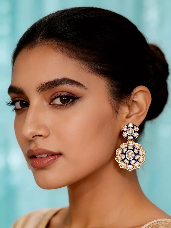 Meenakari Floral Dangle Earrings with Polki Stones