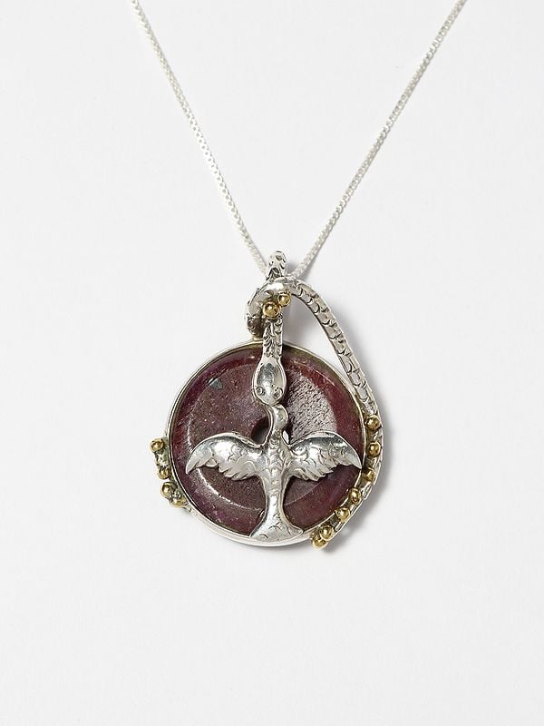 Sterling Silver Bird Pendant with Round Raw Ruby