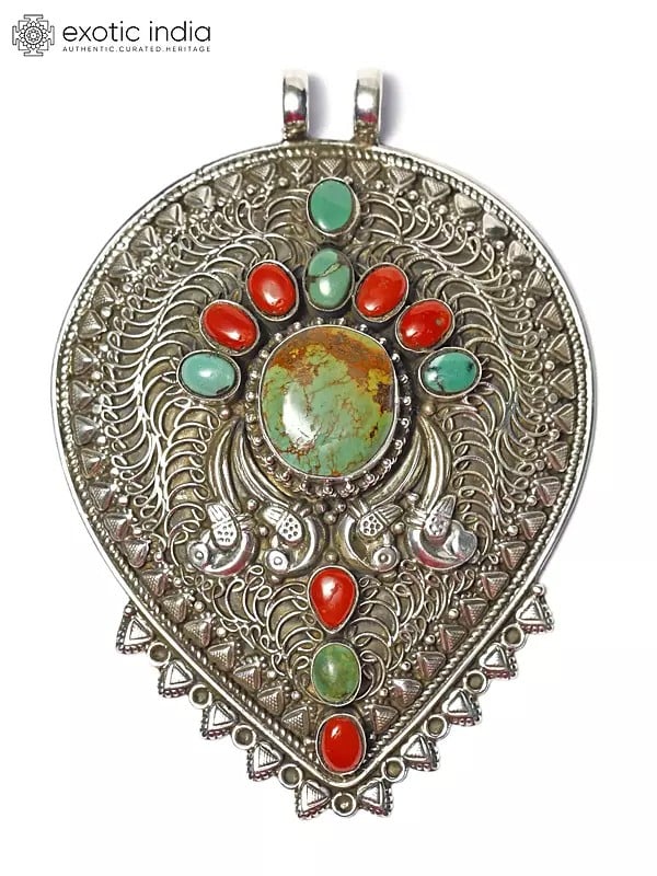 Sterling Silver Filigree Pendant with Coral and Royston Turquoise