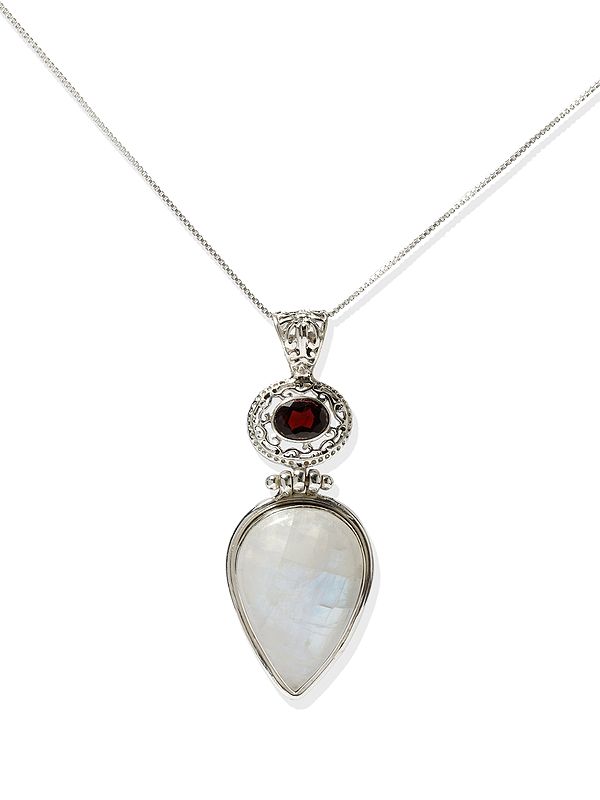 Rainbow Moonstone Pendant with Garnet