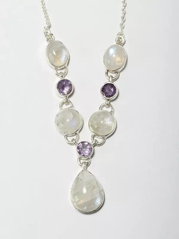 Rainbow Moonstone Necklace with Faceted Amethyst