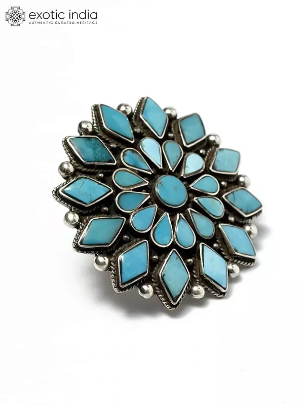 Adjustable Persian Turquoise Flower Ring | Sterling Silver Jewelry