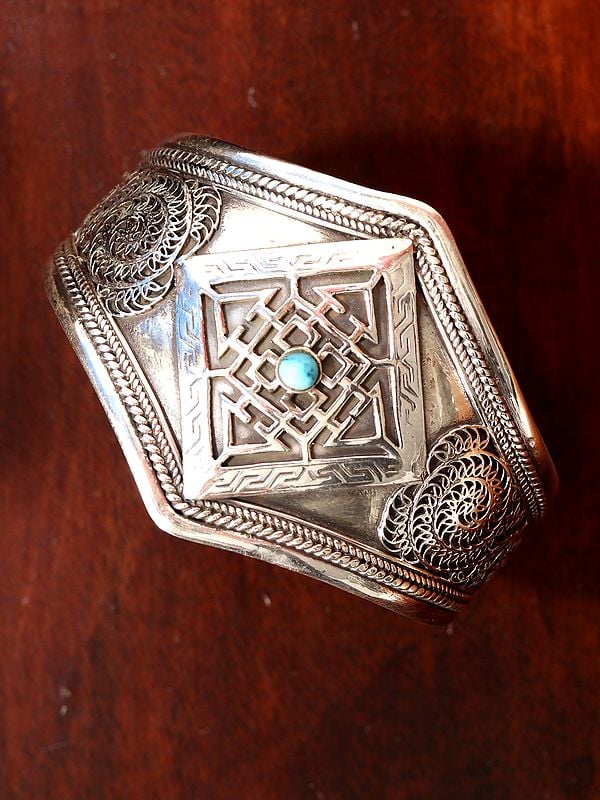 Mandala with Turquoise and Filigree Cuff  Bracelet (Adjustable Size)