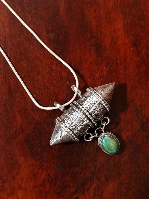 Capsule Pendant with Engravings and Turquoise Charm from Nepal