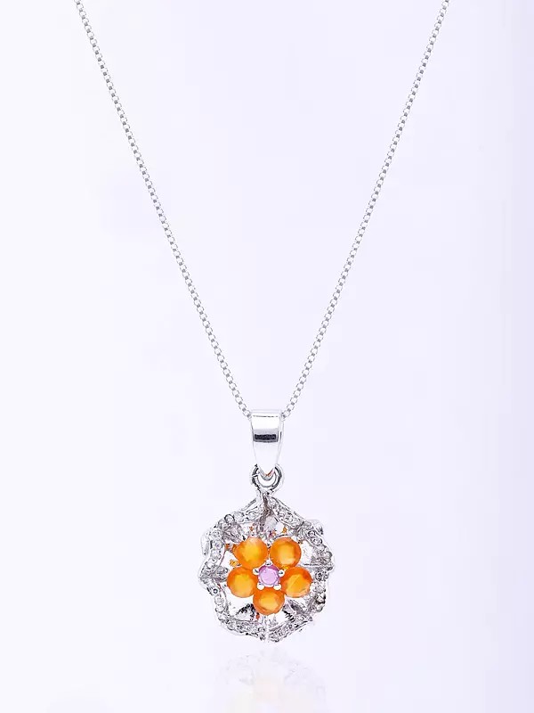 Floral Design Sterling Silver Pendant with Gemstones