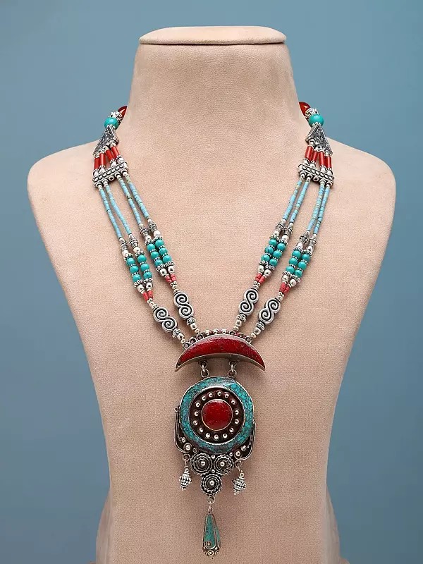 Tibetan Style Necklace with Imitation Coral and Turquoise Stone