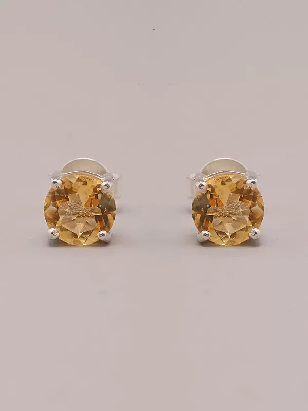 Round Shape Sterling Silver Stud Earrings with Faceted Gemstone