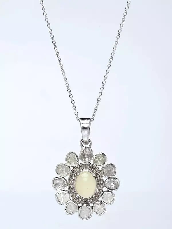 Floral Design Polki Diamond Pendant with Ethiopian Opal in Center