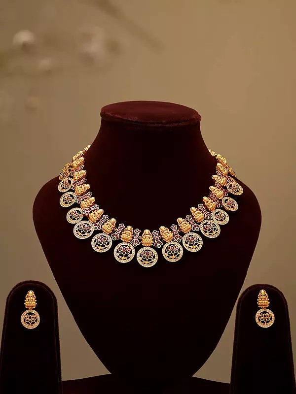 Goddess Lakshmi Lotus Coin Necklace and Earrings Set