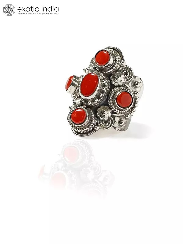 Adjustable Sterling Silver Ring with Coral Gemstones