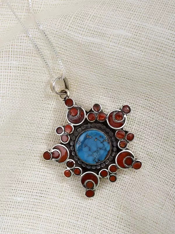 Floral Design Pendant with Turquoise and Coral