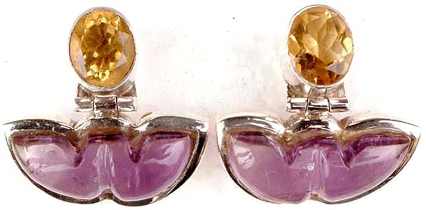 Earrings of Carved Amethyst and Faceted Citrine