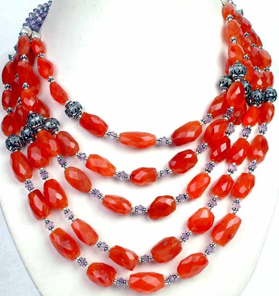 Five Strand Necklace of Faceted Carnelian and Amethyst