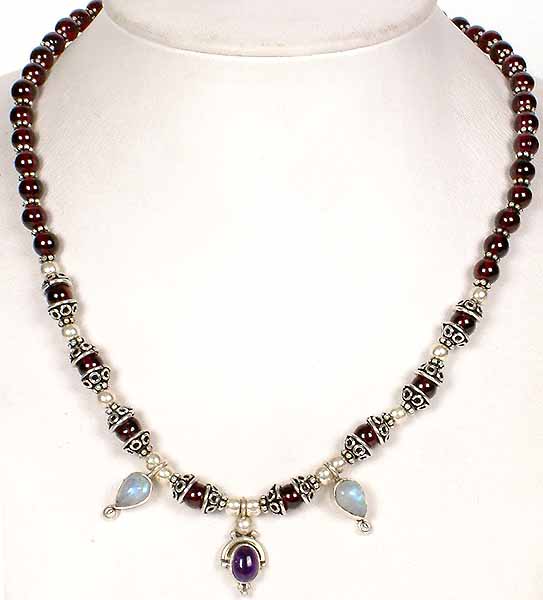 Garnet Necklace with Moonstone and Amethyst