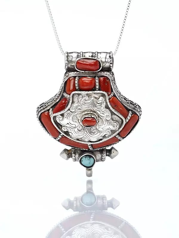 Tibetan Gau Box Pendant with Coral and Turquoise