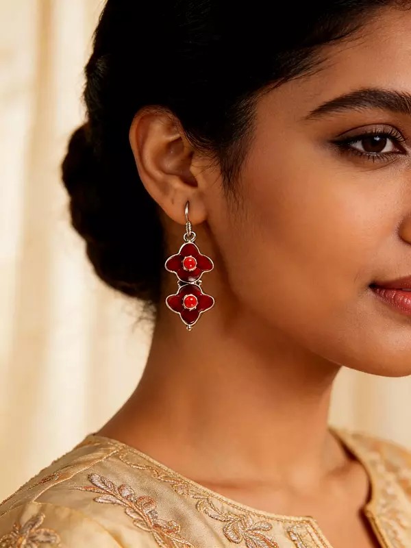 Dual Clover Design Coral Stone Centered Sterling Silver Earrings