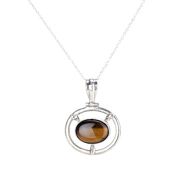 Oval Tiger-Eye Stone Pendant with A Sterling Silver Wheel