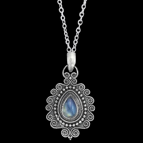 Embroidery Sterling Silver Pendant with Rainbow Moonstone