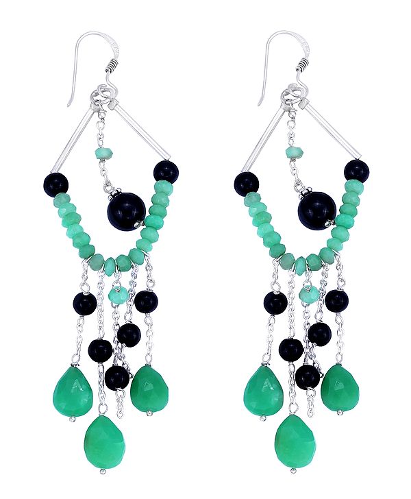 Sterling Silver Earrings with Emerald and Black Onyx Bead Dangles (Long Size)