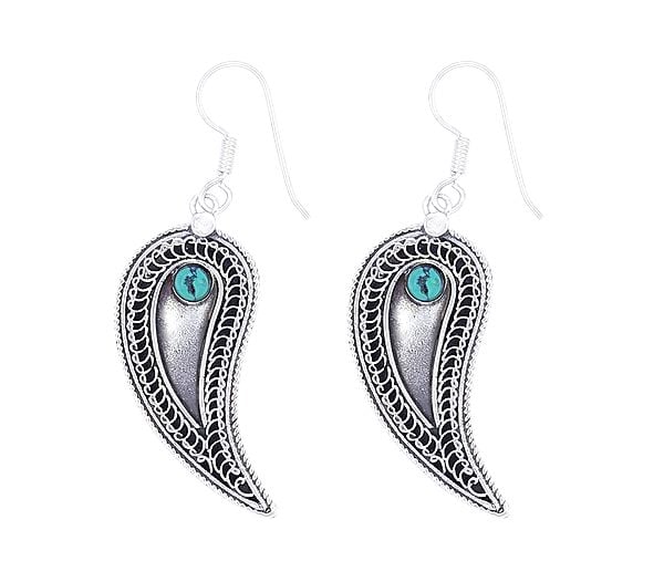 Leaf Design Sterling Silver Earrings Studded with Turquoise Stone